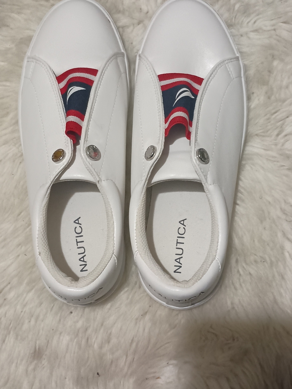 Nautica Kids White Slip-On Sneakers with Red & Blue Stripes